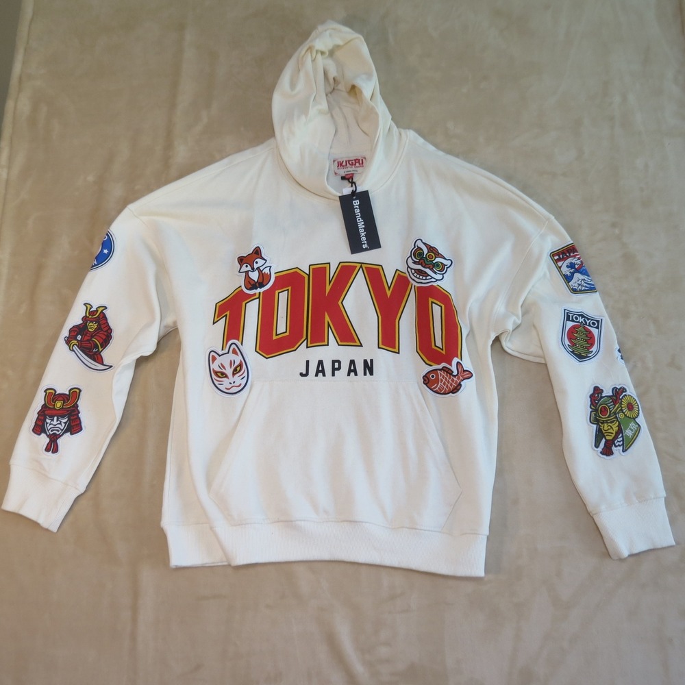 Ikigai Authentic Brand Mens Tokyo Japan Patch Hoodie Natural Cream Small NEW